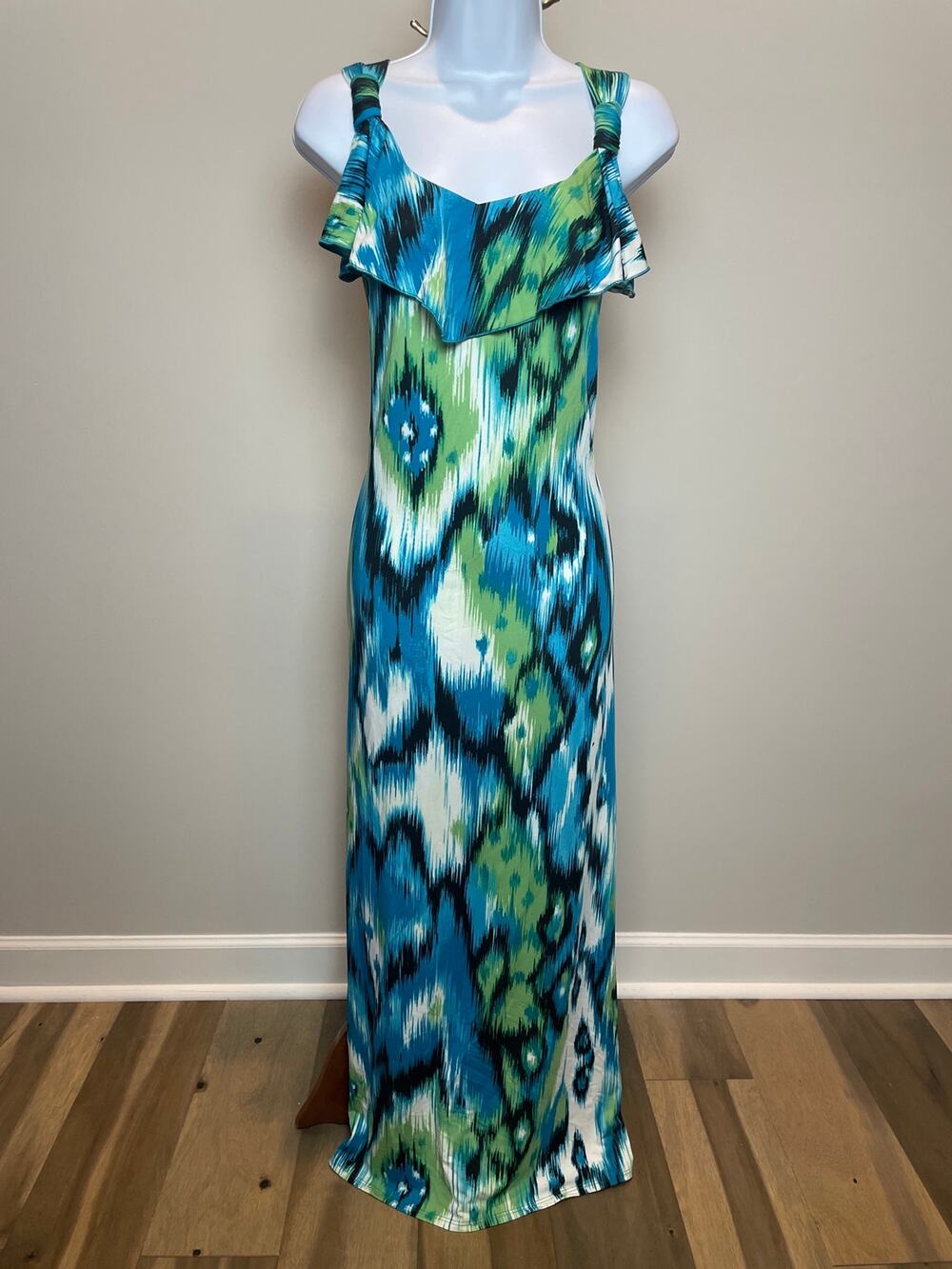 Kate & Mallory Maxi Dress Size L Blue Green White Abstract Pattern New With Tag